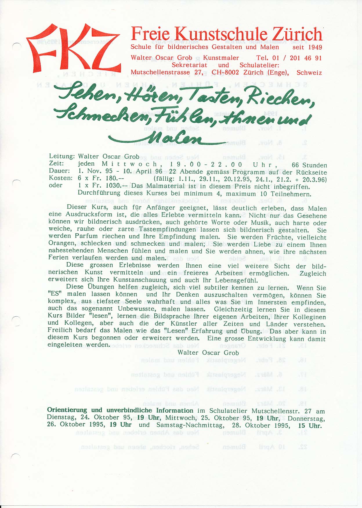 Walter Oscar Grob: Kurseinladung 1995